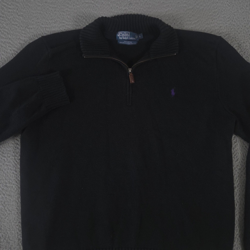 VINTAGE Polo Ralph Lauren Sweater Mens L Black 1/4 Zip Cotton Knit Mock Neck 90s